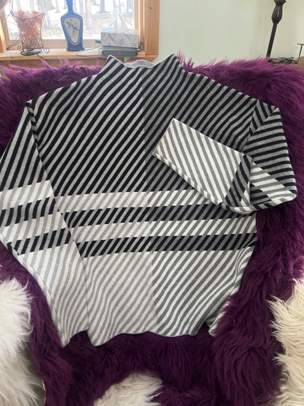 Max Studio Black and Gray Striped Mock Turtleneck Sweater